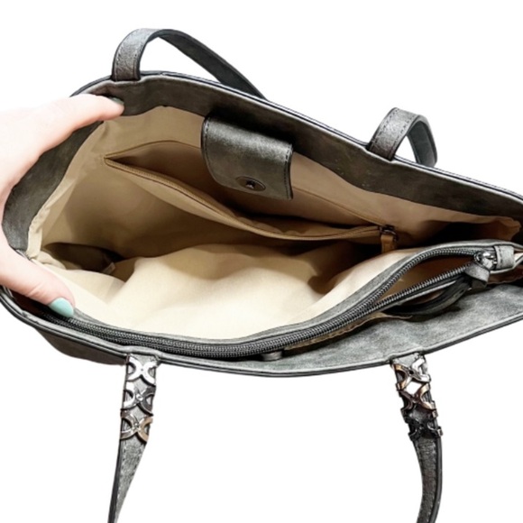 Grey Charming Charlie Large Double Handle Tote Bag Silver Beaded Detail Purse - Picture 7 of 16